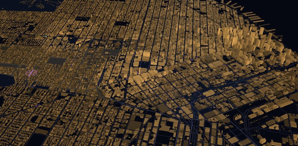 The rewind in the interactive replay at 7 pm, with power restored at 3 pm: the city lit amber, with violet rings marking incidents the restoration prevents